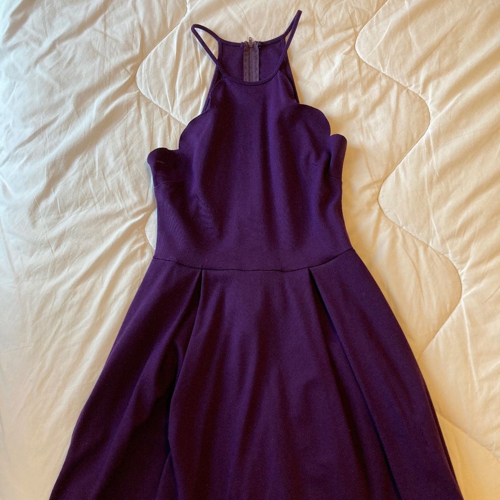 Scalloped Bib Neck Skater Dress Purple (Size M)